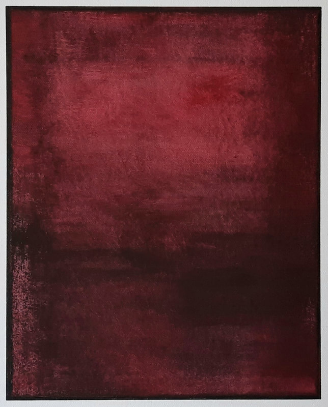 Abstract oil painting in purplish red with a faded rough square and a thin black border