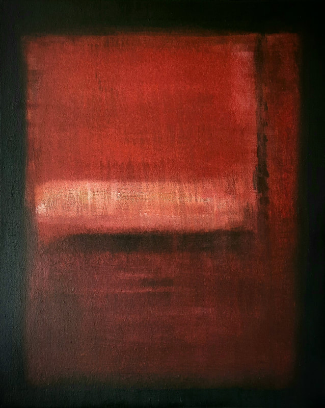 Abstract oil painting in red with a think black border and a floating rectangular patch of white