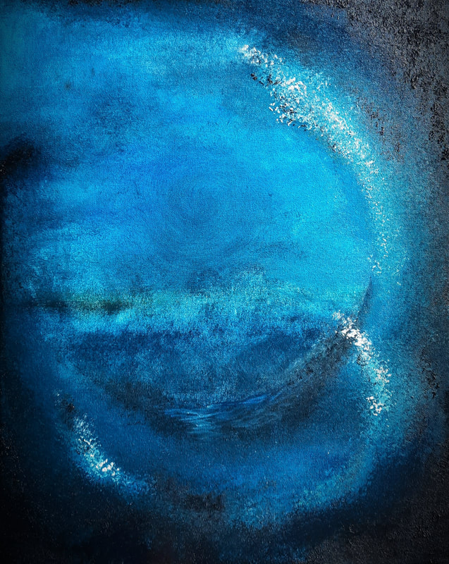 Abstract oil painting in blues with two swirls of small white bubbles and a ghostly faint horizon of blue-green